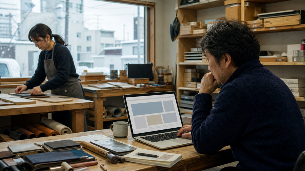 札幌の中小企業が自社ホームページを確認する仕事場の風景