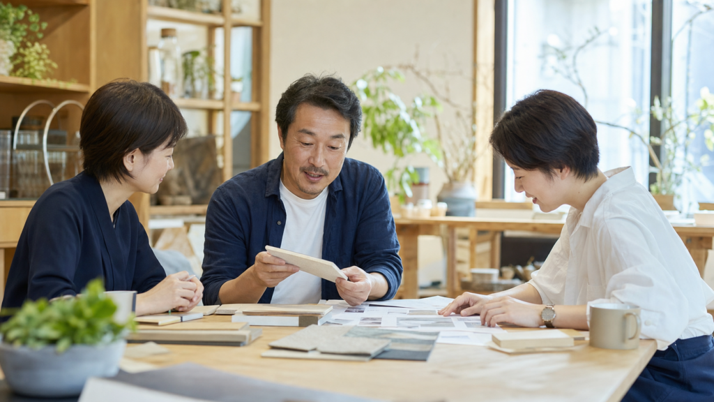 札幌の事業者とWeb制作担当者が明るい室内で一緒に打ち合わせる様子