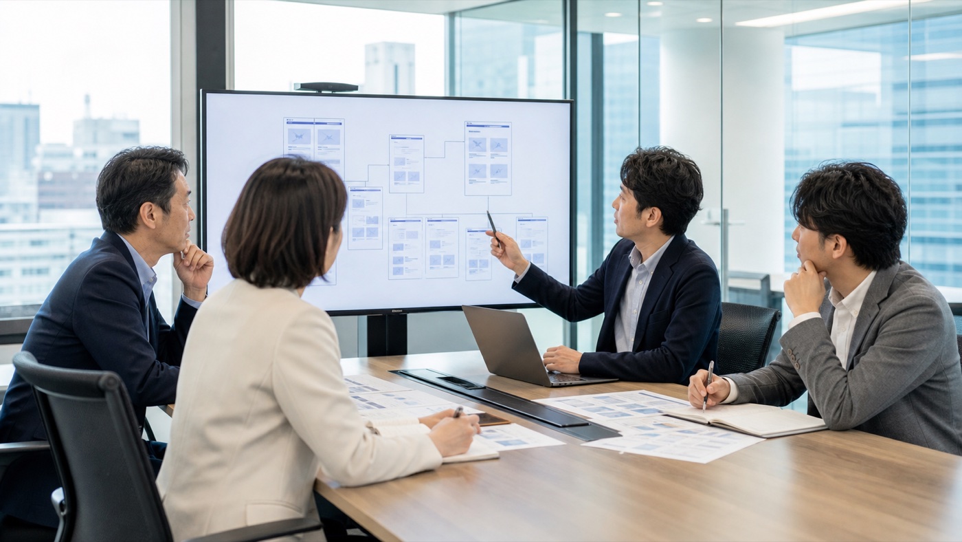 札幌の法人担当者とWeb制作会社が会議室でサイト構成を確認する様子