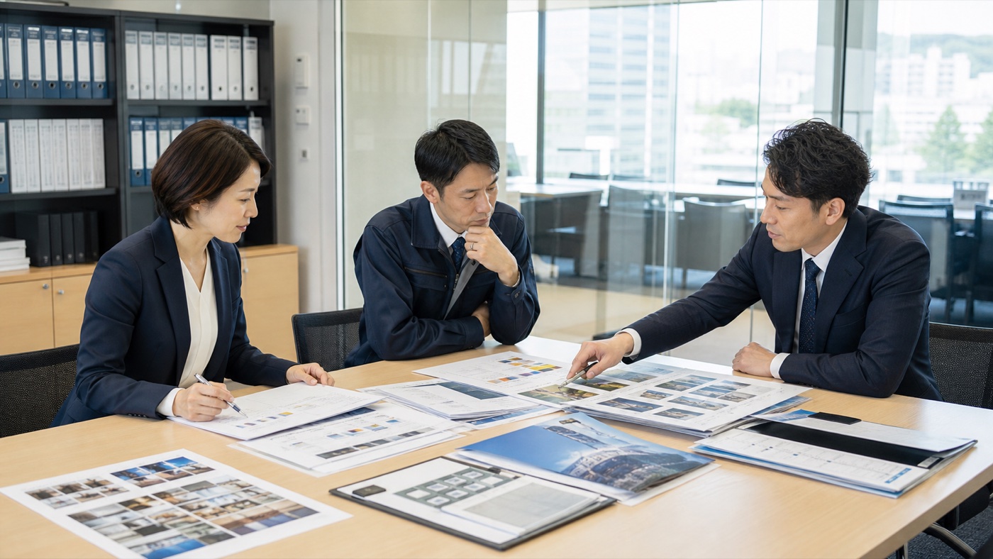 BtoB企業の担当者とWeb制作会社が会議室で会社資料を整理する様子