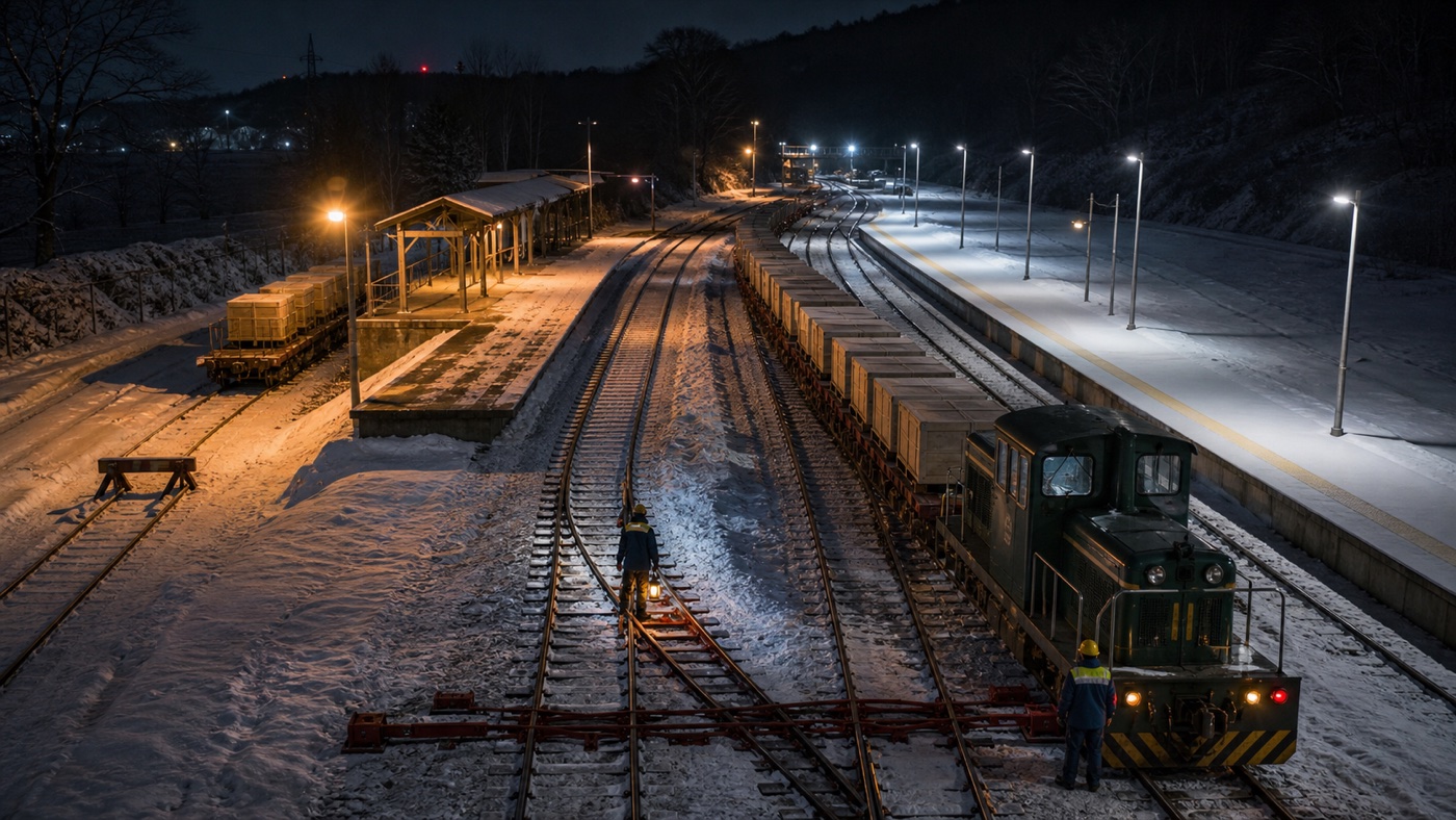 雪の夜間操車場で、旧ホームの情報貨物を対応する新しい線路とホームへ漏れなく移し、廃止経路だけを分離して確認する様子