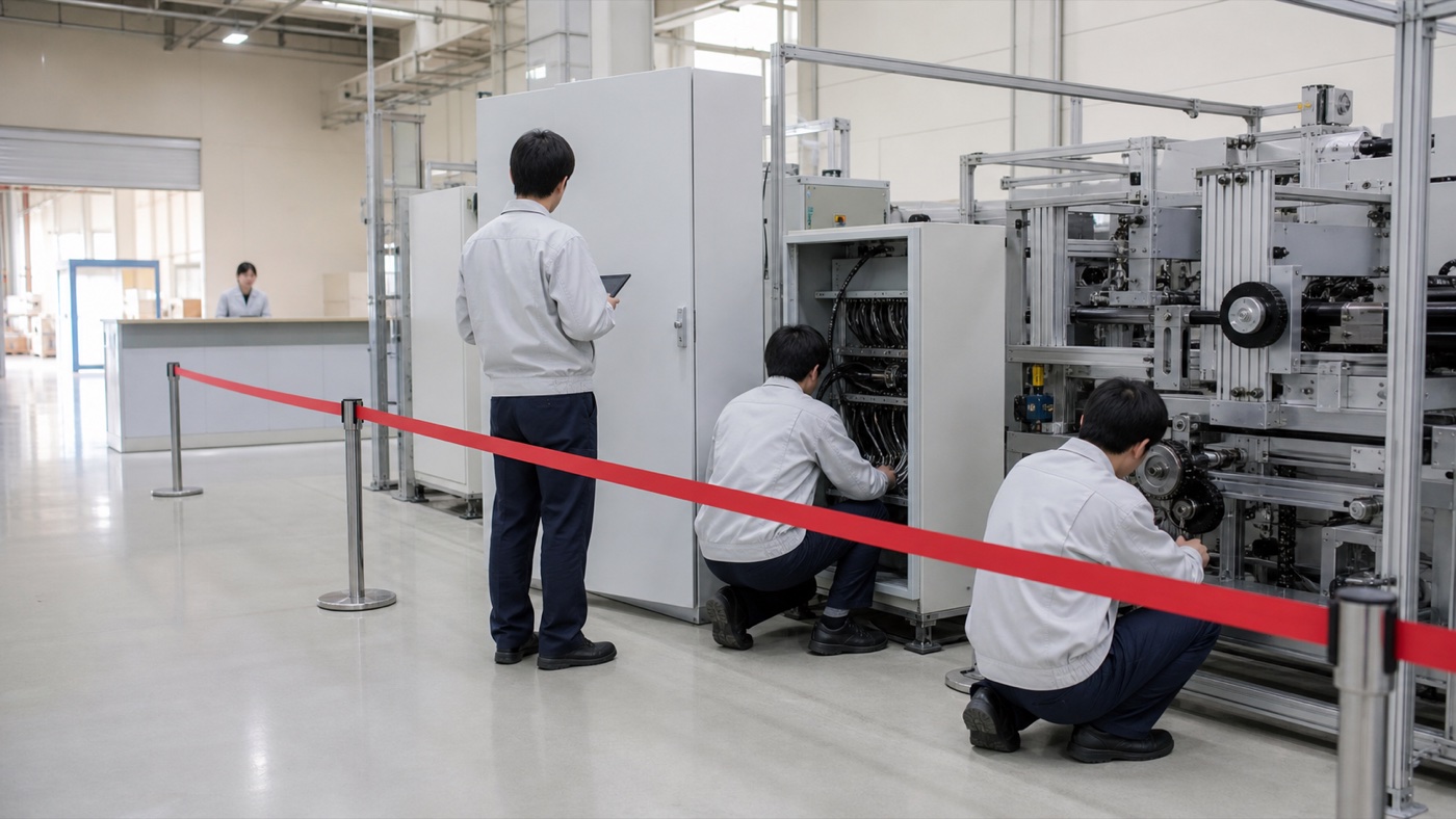 停止した自動設備を赤い安全境界で隔離し、電源盤・配線・駆動部を順に点検しながら、奥の受付窓口を代替連絡手段として維持する初動対応現場
