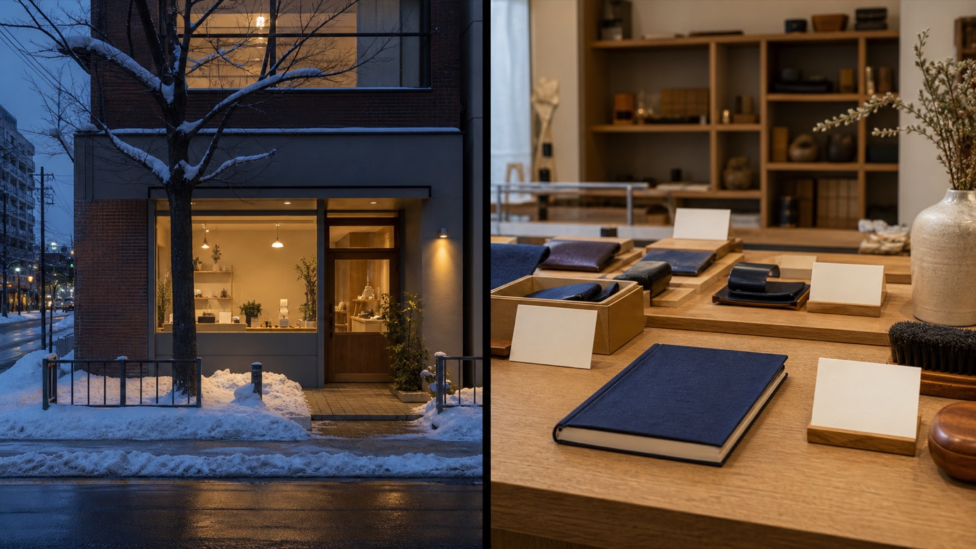 雪の街路から店舗の場所と入口を確認する外観、店内でサービス内容を詳しく比較する資料の接写を並べ、Googleビジネスプロフィールと店舗サイトの役割差を示す二視点写真