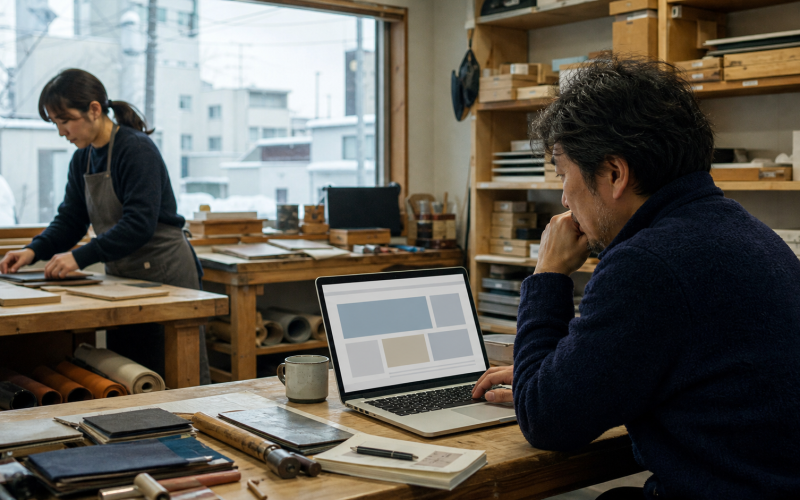 札幌の中小企業が自社ホームページを確認する仕事場の風景
