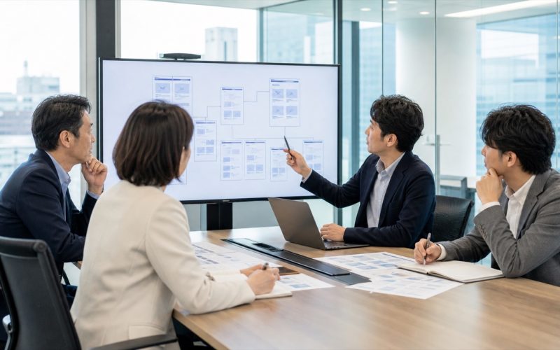 札幌の法人担当者とWeb制作会社が会議室でサイト構成を確認する様子