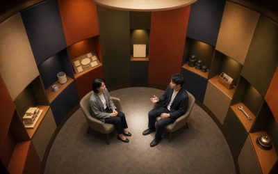 円形の静かな相談空間で、事業模型、商品、予算、予定、運用道具などの確認材料に囲まれながら、相談者の話を制作担当者が聞く様子