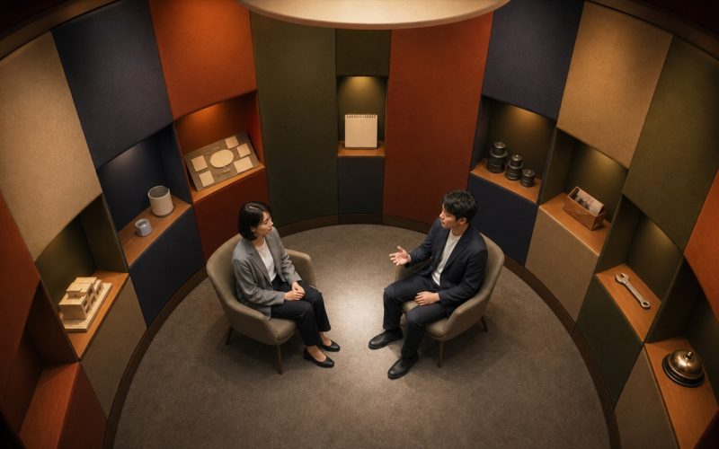 円形の静かな相談空間で、事業模型、商品、予算、予定、運用道具などの確認材料に囲まれながら、相談者の話を制作担当者が聞く様子