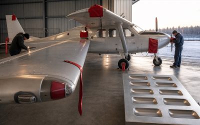 冬の格納庫で、小型業務機の公開前点検箇所を赤い保護具で明確にし、二人の整備担当者が異なる方向から不備を確認する様子