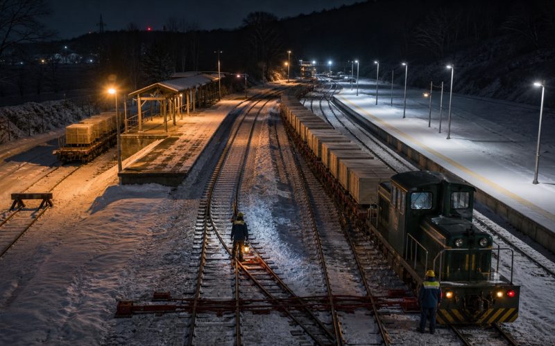 雪の夜間操車場で、旧ホームの情報貨物を対応する新しい線路とホームへ漏れなく移し、廃止経路だけを分離して確認する様子