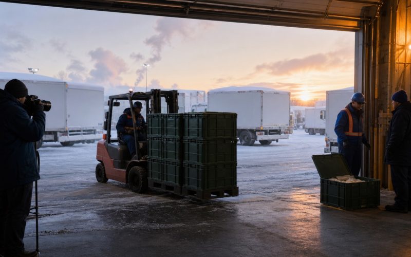 冬の物流現場で、撮影担当が実際の荷役を記録し、原稿担当が安全責任者から無地の製品容器について聞き取り、写真と文章を同じ事実から作る様子