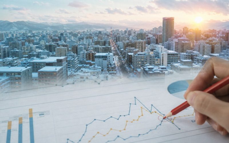 札幌の街並みとアクセス解析データを重ね、改善点を検討するイメージ