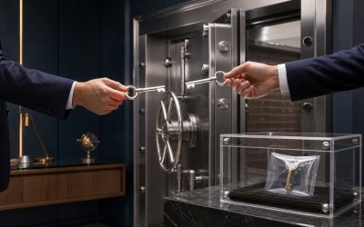 会社側と制作会社側が別々に保有する二本の管理鍵と、透明ケースに封印した復旧鍵を備え、管理権限の共有・所有・引き継ぎを表す企業保管庫