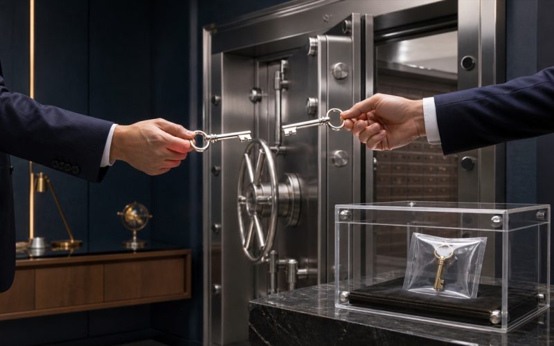 会社側と制作会社側が別々に保有する二本の管理鍵と、透明ケースに封印した復旧鍵を備え、管理権限の共有・所有・引き継ぎを表す企業保管庫