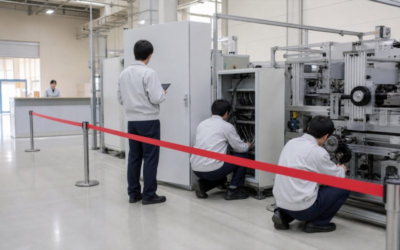 停止した自動設備を赤い安全境界で隔離し、電源盤・配線・駆動部を順に点検しながら、奥の受付窓口を代替連絡手段として維持する初動対応現場