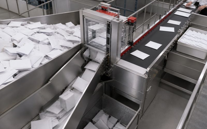 大量の不要封筒を選別機で隔離し、少数の正規封筒だけを担当者側へ通す物流施設として、迷惑送信の遮断と問い合わせ機会の保護を表現