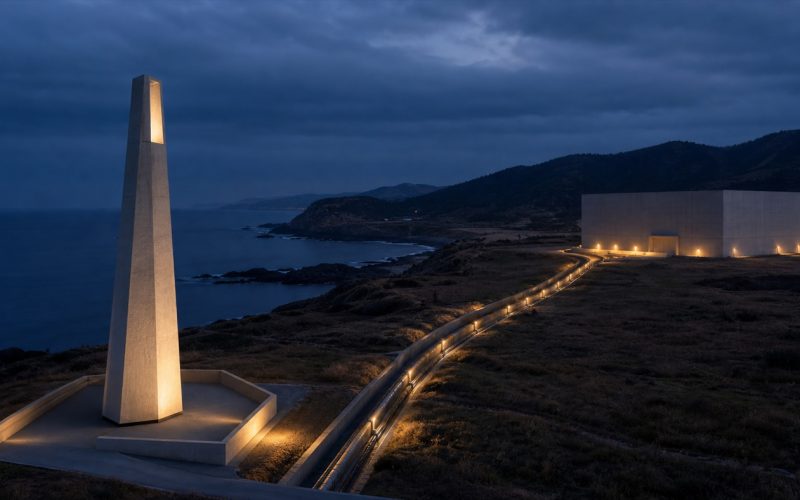 海岸の入口を示す独立した灯台、事業データを収容する離れた堅牢な建物、両者を結ぶ保護配管を通じて、ドメイン・サーバー・接続経路の役割差を表現
