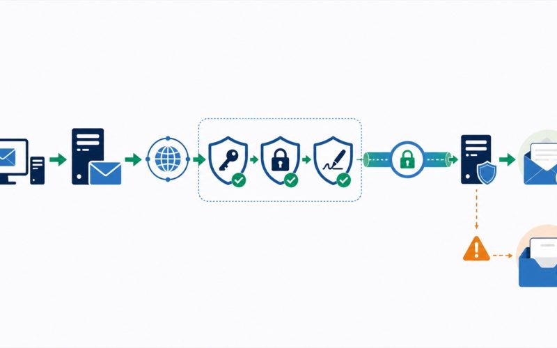 会社メールが送信されてから認証と暗号化を経て受信箱へ届く工程図