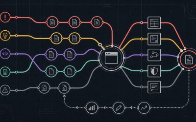課題・学習・比較・費用・リスクを調べる記事の各路線がサービスページで交差し実績・料金・流れ・FAQを経て問い合わせへ進む路線図