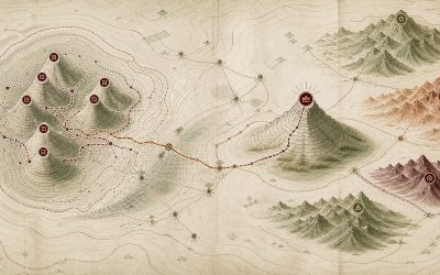 同じ検索意図に密集する重複記事の峰を一つの代表ページへ統合し異なる意図を独立した山系へ整理する等高線地形図
