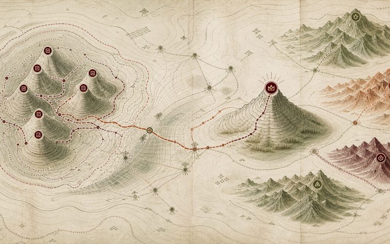 同じ検索意図に密集する重複記事の峰を一つの代表ページへ統合し異なる意図を独立した山系へ整理する等高線地形図