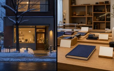 雪の街路から店舗の場所と入口を確認する外観、店内でサービス内容を詳しく比較する資料の接写を並べ、Googleビジネスプロフィールと店舗サイトの役割差を示す二視点写真