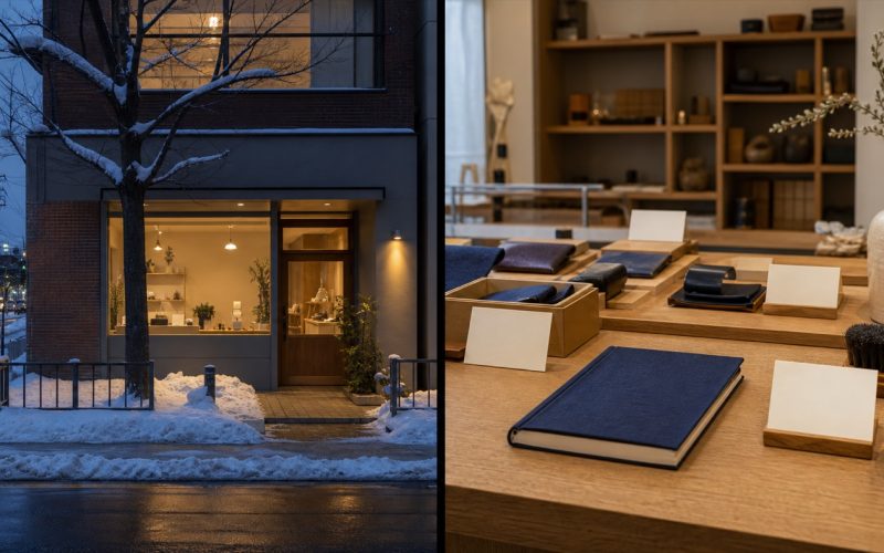 雪の街路から店舗の場所と入口を確認する外観、店内でサービス内容を詳しく比較する資料の接写を並べ、Googleビジネスプロフィールと店舗サイトの役割差を示す二視点写真