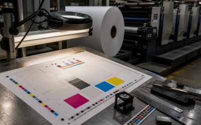 大量配信を始める前に、一枚の試し刷りを拡大鏡、校正照明、色見本で点検し、広告先ページと問い合わせ計測の不具合を事前に直す重要性を示す印刷工場