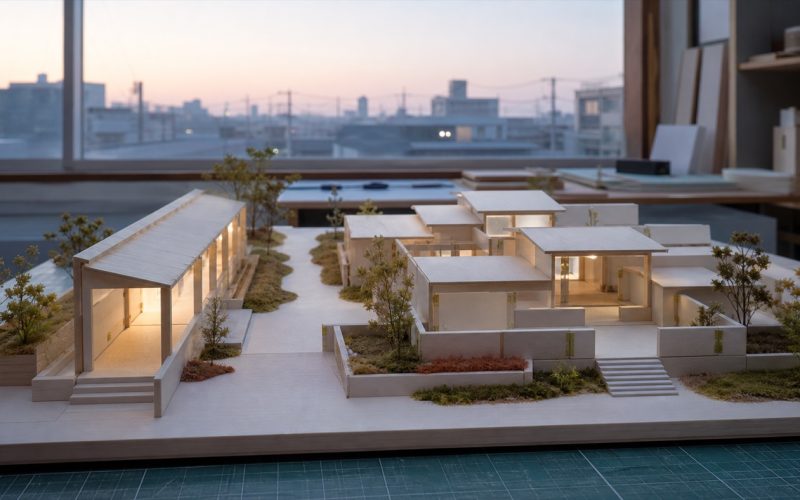 一つの入口から一つの目的へ進む細長い展示棟と、複数の利用者が目的別に回遊できる企業施設を同じ敷地で比較し、LPとホームページの違いと併用を示す建築模型