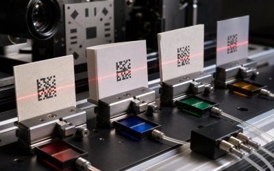 名刺、折りパンフレット、展示ボード、耐候ポスターの異なるコード片を、色別の光学経路で個別に読み分け、QR流入を統一UTMで識別する仕組みを示すマクロ計測ベンチ