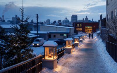 冬の札幌の企業地区で、会社情報、素材、実績、季節対応、相談窓口を表す灯りが、雪道から実際の企業施設まで連続して案内し、地域で積み上げる信頼を示す都市風景
