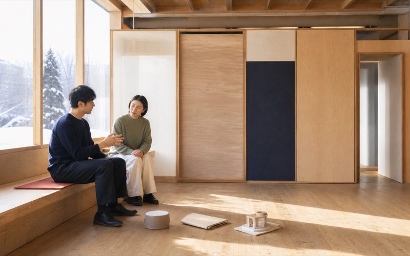雪の見える明るい木造試作空間で相談者の話を横並びで聞き、未確定の素材、情報、入口を一緒に検討して、曖昧な要望から設計を始める相談風景